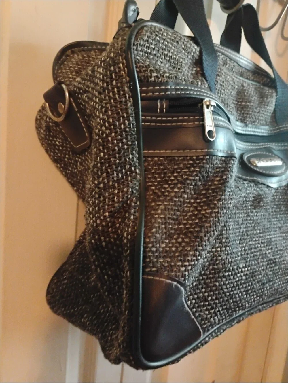 Vintage Jaguar Black & Grey Tweed Textured Satchel Handbag Faux Leather